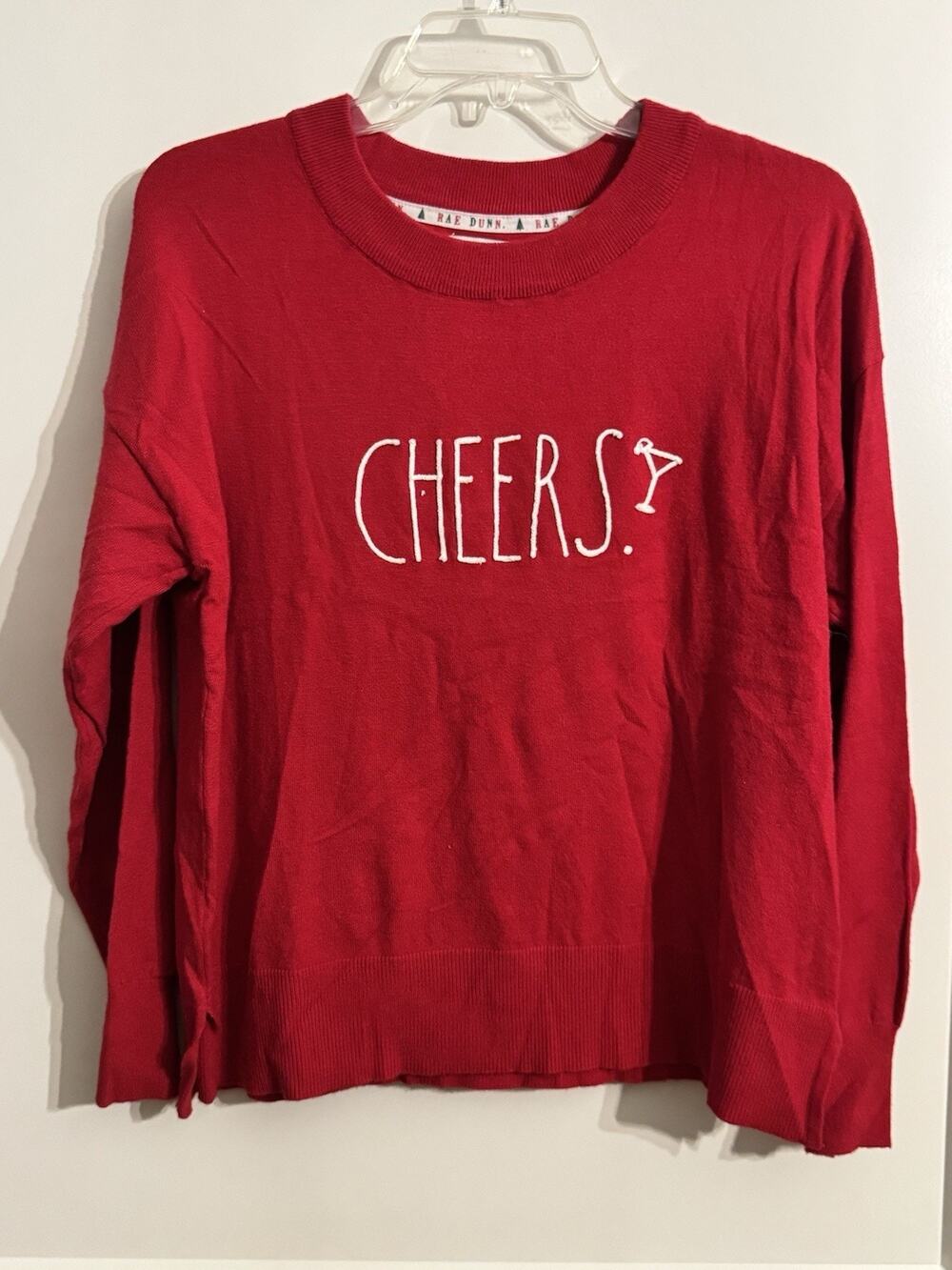 Rae Dunn Red Sweater Cheers Embroidery Sz L Christmas NYE Holiday Festive